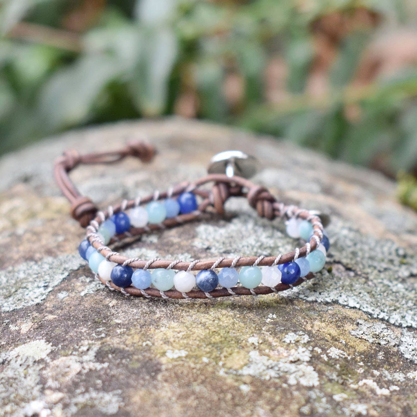 Ocean - Single Wrap Leather Gemstone Bracelet