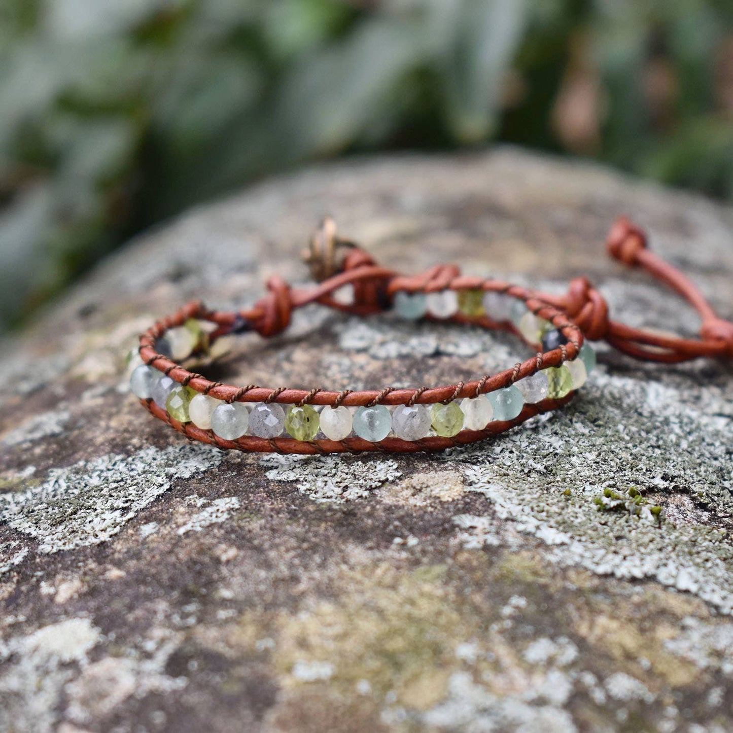 Leaf - Single Wrap Leather Gemstone Bracelet