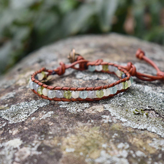 Leaf - Single Wrap Leather Gemstone Bracelet
